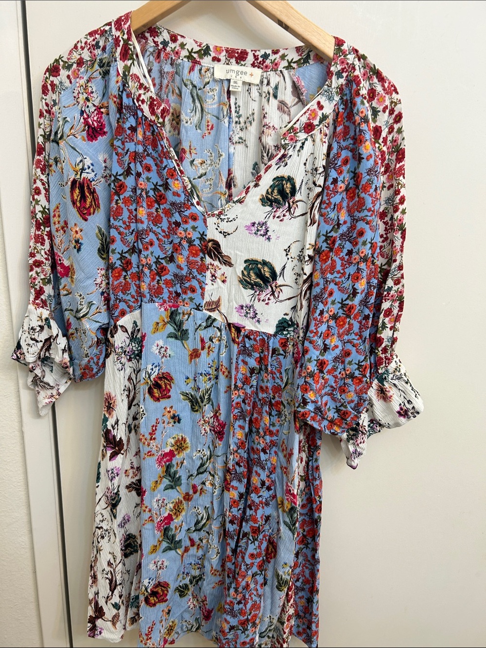Umgee Blue & White Floral Patchwork Midi Dress